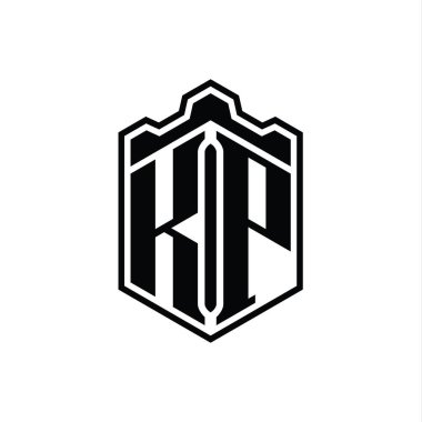 KP Harfi Logo monogramı altıgen kalkanı şeklindeki taç kale geometriği ana hatlı tasarım şablonu