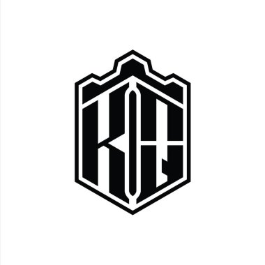 KQ Harfi Logo monogramı altıgen kalkanı şeklindeki taç kale geometriği tasarım şablonu