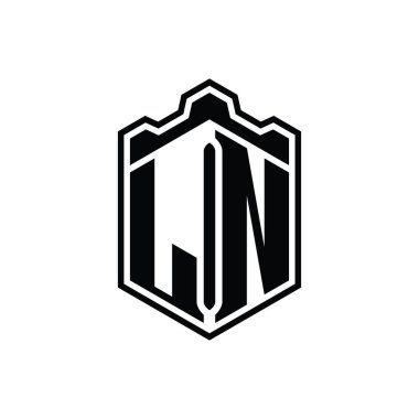 LN Harfi Logosu monogram altıgen kalkan şekilli taç kale geometriği tasarım şablonu