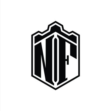 NF Harfi Logo monogramı altıgen kalkanı şeklindeki taç kale geometriği ana hatlı tasarım şablonu