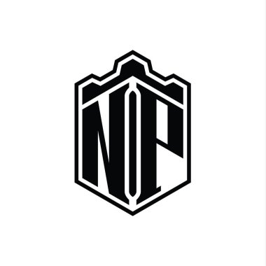 NP Harfi Logo monogramı altıgen kalkanı şeklindeki taç kale geometriği ana hatlı tasarım şablonu