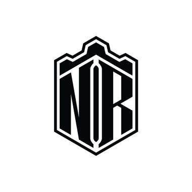 NR Letter Logo monogramı altıgen kalkanı şekilli taç kale geometriği tasarım şablonu