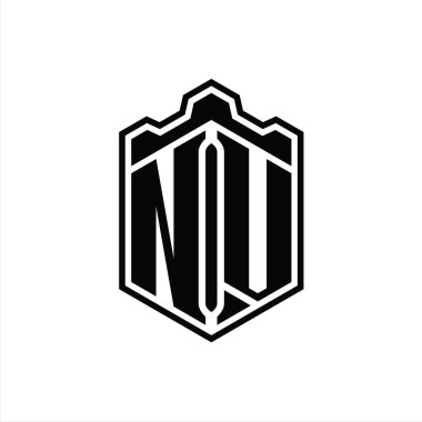 NV Harf Logosu monogram altıgen kalkan şeklindeki taç kale geometriği tasarım şablonu
