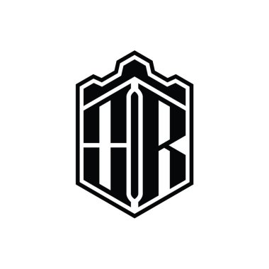 Veya Harf Logosu monogram altıgen kalkan şekilli taç kale geometriği ana hatlı biçim tasarım şablonu