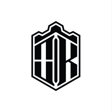 Tamam Harf Logosu monogram altıgen kalkan şekilli taç kale geometriği ana hatlı tasarım şablonu