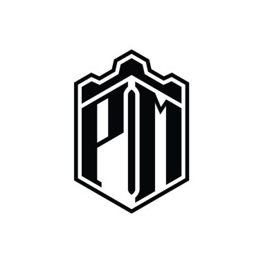PM Letter Logo monogram altıgen kalkan şekilli taç kale geometriği ana hatlı biçim tasarım şablonu
