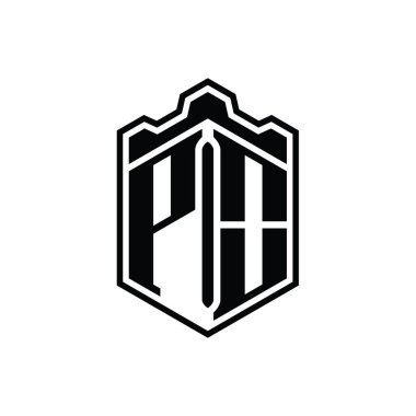 PO Harfi Logosu monogram altıgen kalkanı şeklindeki taç kale geometriği ana hatlı tasarım şablonu