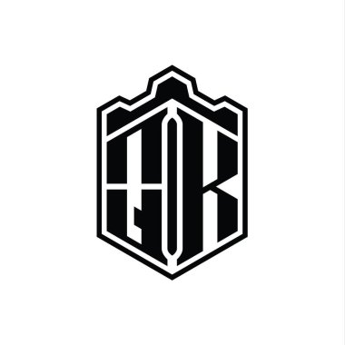 QK Harfi Logo monogramı altıgen kalkanı şekilli taç kale geometriği tasarım şablonu