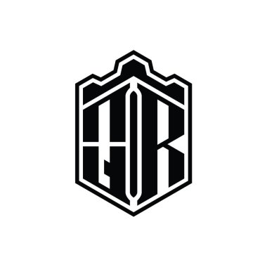 QR Harfi Logo monogramı altıgen kalkanı şekilli taç kale geometriği tasarım şablonu