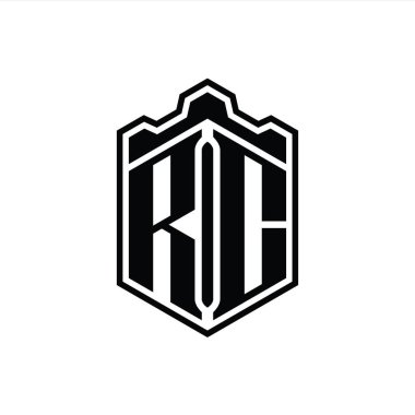 RC Harfi Logo monogramı altıgen kalkanı şeklindeki taç kale geometriği ana hatlı tasarım şablonu