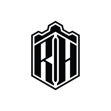 RH Harfi Logosu monogram altıgen kalkanı şeklindeki taç kale geometriği ana hatlı tasarım şablonu