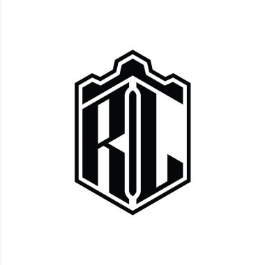 RL Harfi Logosu monogram altıgen kalkanı şeklindeki taç kale geometriği tasarım şablonu