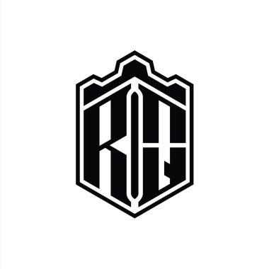 RQ Harfi Logosu monogram altıgen kalkanı şeklindeki taç kale geometriği ana hatlı tasarım şablonu