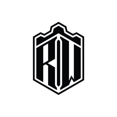 RW Harfi Logo monogramı altıgen kalkanı şeklindeki taç kale geometriği tasarım şablonu