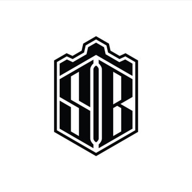 SB Harfi Logo monogramı altıgen kalkanı şeklindeki taç kale geometriği ana hatlı tasarım şablonu