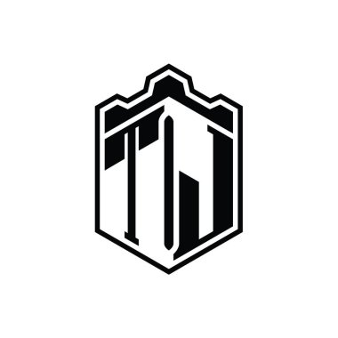 TJ Harf Logosu monogram altıgen kalkanı şekilli taç kale geometriği ana hatlı tasarım şablonu