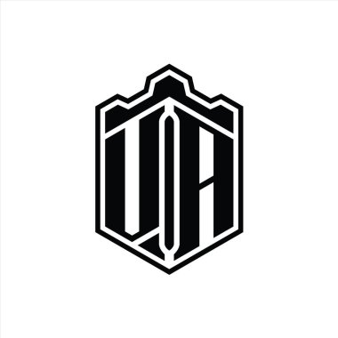 VA Harf Logosu monogram altıgen kalkan şekilli taç kale geometriği tasarım şablonu