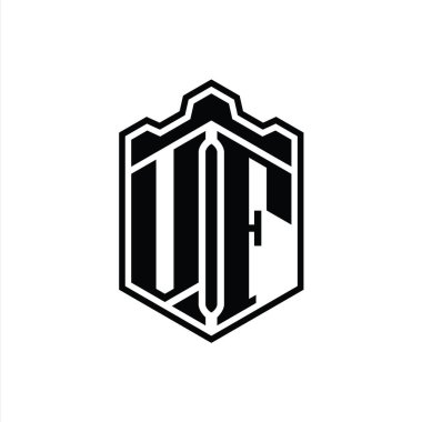 VF Harf Logosu monogram altıgen kalkanı şekilli taç kale geometriği ana hatlı tasarım şablonu