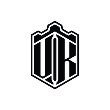 VK Harf Logosu monogram altıgen kalkanı şekilli taç kale geometriği tasarım şablonu