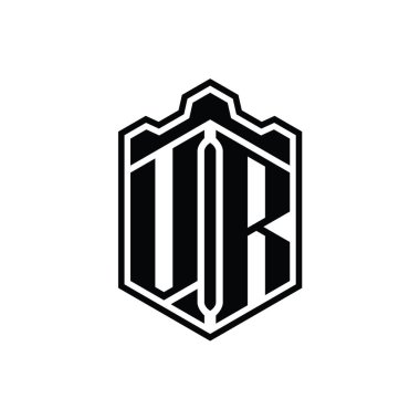 VR Letter Logo monogramı altıgen kalkanı şeklindeki taç kale geometriği ana hatlı tasarım şablonu