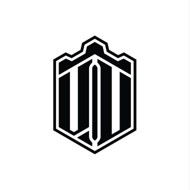 VU Letter Logo monogramı altıgen kalkanı şekilli taç kale geometriği tasarım şablonu