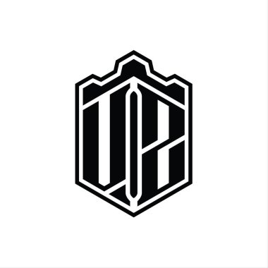 VZ Harf Logosu monogram altıgen kalkanı şeklindeki taç kale geometriği ana hatlı tasarım şablonu