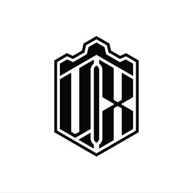 VX Harf Logosu monogram altıgen kalkanı şekilli taç kale geometriği tasarım şablonu