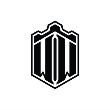 WW Harfi Logosu monogram altıgen kalkanı şekilli taç kale geometriği tasarım şablonu