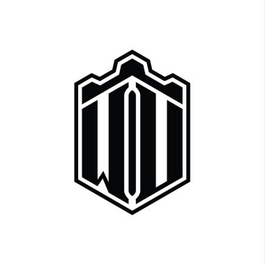 WU Letter Logo monogramı altıgen kalkanı şekilli taç kale geometriği tasarım şablonu