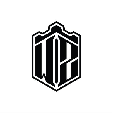WZ Harf Logosu monogram altıgen kalkanı şekilli taç kale geometriği tasarım şablonu