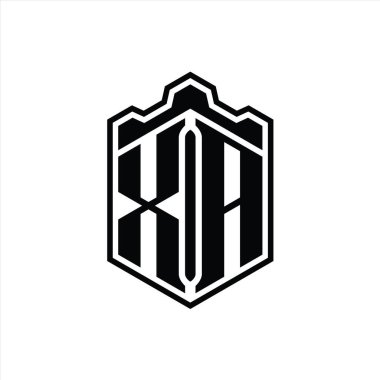 XA Harfi Logosu monogram altıgen kalkanı şeklindeki taç kale geometriği tasarım şablonu