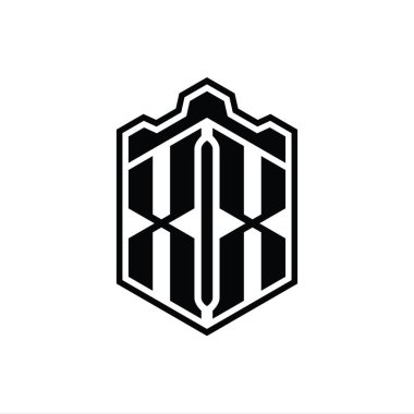 XX Harfi Logo monogramı altıgen kalkanı şeklindeki taç kale geometriği ana hatlı tasarım şablonu