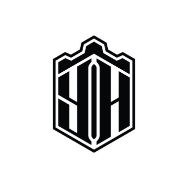 YH Harfi Logosu monogram altıgen kalkanı şeklindeki taç kale geometriği ana hatlı tasarım şablonu