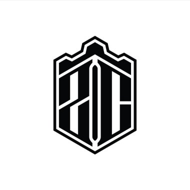 ZC Harfi Logo monogramı altıgen kalkanı şeklindeki taç kale geometriği ana hatlı tasarım şablonu