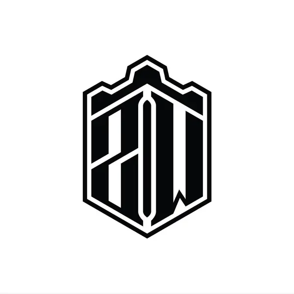 Zw字母Logo六边形盾体冠冕几何图形与轮廓样式设计模板 — 图库照片