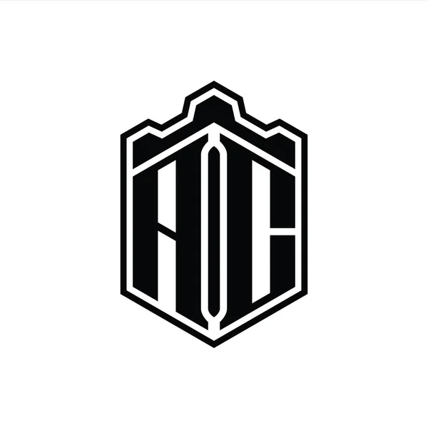 Логотип Letter Monogram Hexagon Shield Shape Crown Castle Geometric Outline — стоковое фото