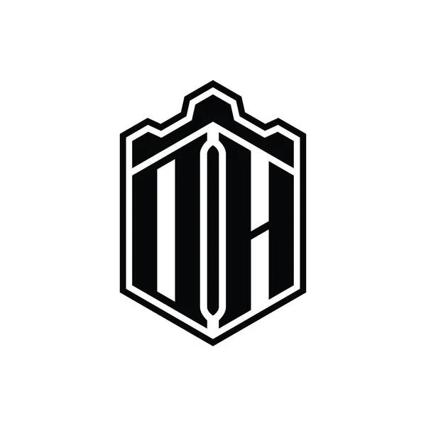 Dh字母Logo六边形盾状冠冕几何图案 外型设计模板 — 图库照片