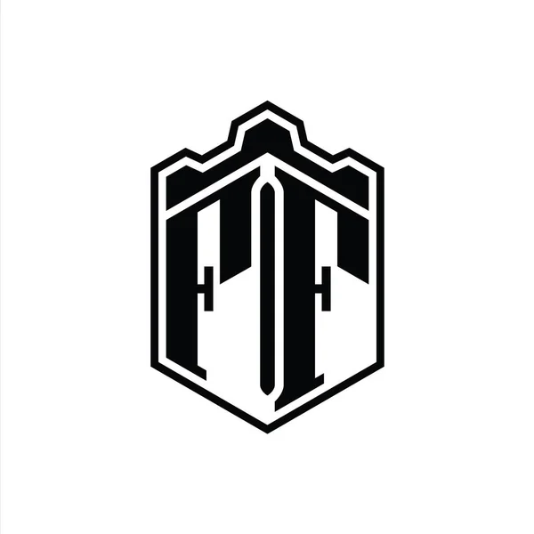 Ff字母标志单字六边形盾形冠冕几何与轮廓风格设计模板 — 图库照片