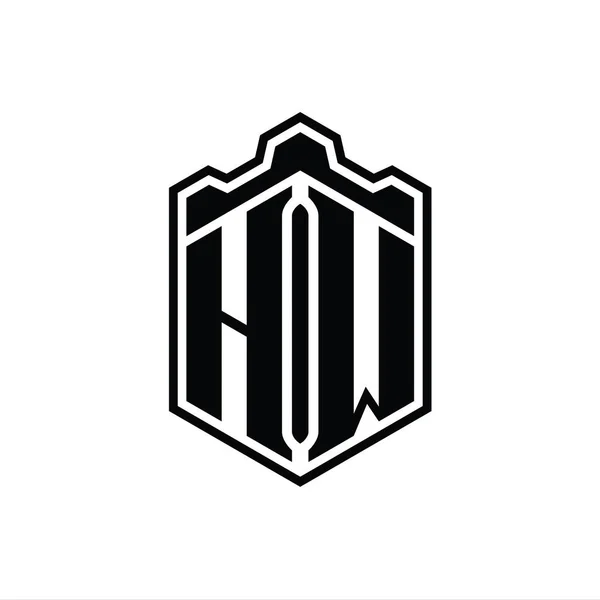 Hw字母Logo六边形盾体冠冕几何与轮廓样式设计模板 — 图库照片