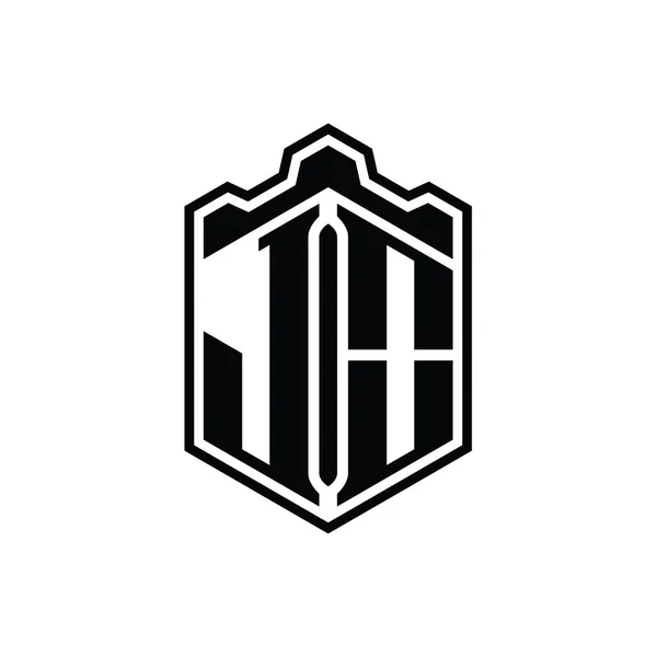Carta Logo Monograma Hexágono Escudo Forma Corona Castillo Geométrico Con —  Fotos de Stock