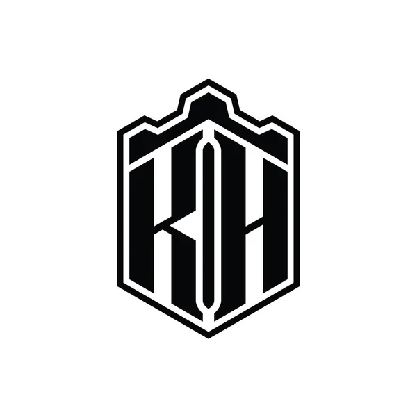 Kh字母标志六边形盾体冠冕几何与轮廓样式设计模板 — 图库照片