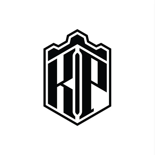 KP Letter Logo monogram hexagon shield shape crown castle geometric with outline style design template