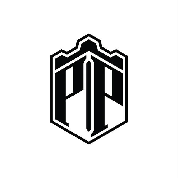 Ppレターロゴモノグラム六角形シールド形状クラウンキャッスルジオメトリックアウトラインスタイルデザインテンプレート — ストック写真
