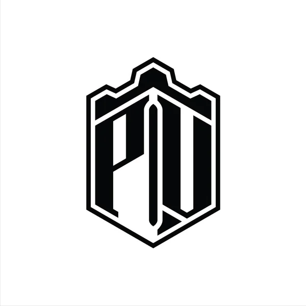 带有轮廓设计模板的Pvletter Logo六边形盾体冠几何图案 — 图库照片