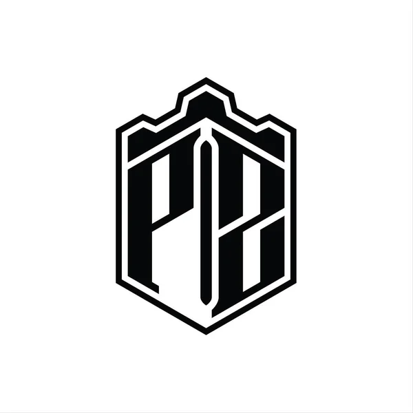 带轮廓设计模板的Pz字母Logo六边形盾形王冠几何图案 — 图库照片