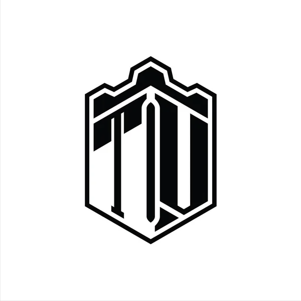 Levél Logo Monogram Hatszög Pajzs Alakú Korona Kastély Geometrikus Vázlatos — Stock Fotó