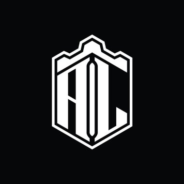 AL Harfi Logosu monogram altıgen kalkanı şekilli taç kale geometriği ana hatlı tasarım şablonu