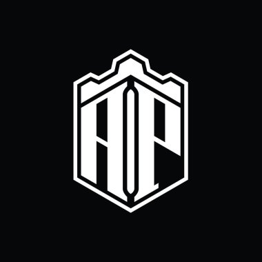 AP Harfi Logosu monogram altıgen kalkan şekilli taç kale geometriği ana hatlı biçim tasarım şablonu