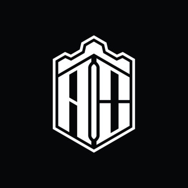 AO Harfi Logo monogramı altıgen kalkanı şeklindeki taç kale geometriği ana hatlı tasarım şablonu