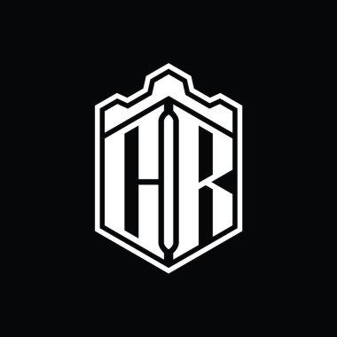 CR Harfi Logo monogramı altıgen kalkanı şeklindeki taç kale geometriği ana hatlı tasarım şablonu